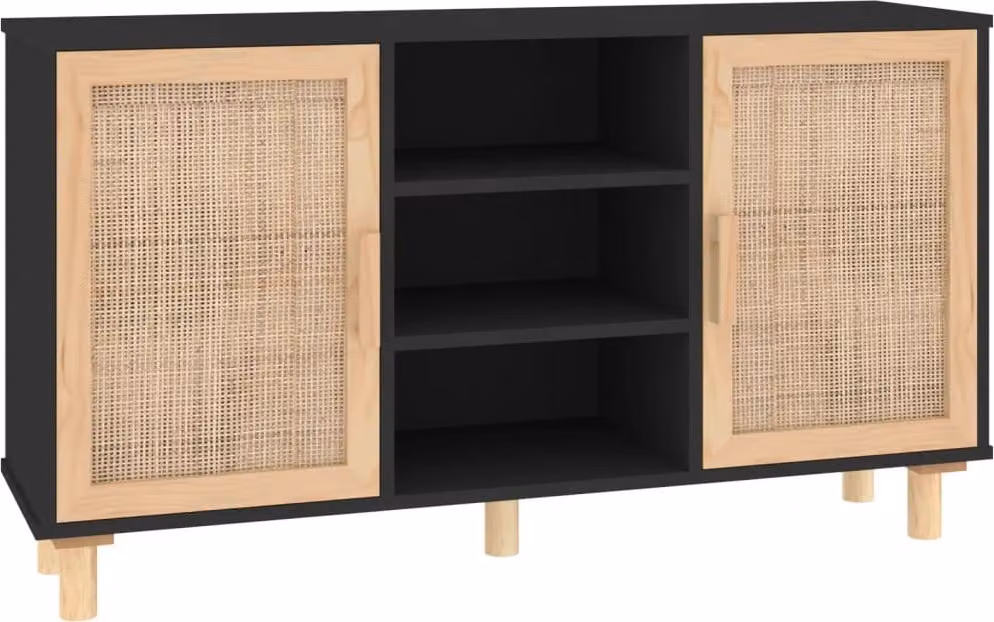 Credenza Nera 105x30x60cm Legno Massello Pino e Rattan Naturale
