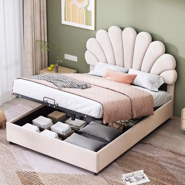 Letto matrimoniale WISHDOR imbottito in velluto beige con contenitore idraulico e testiera decorativa L/P/H: 140 x 200 x 119 cm