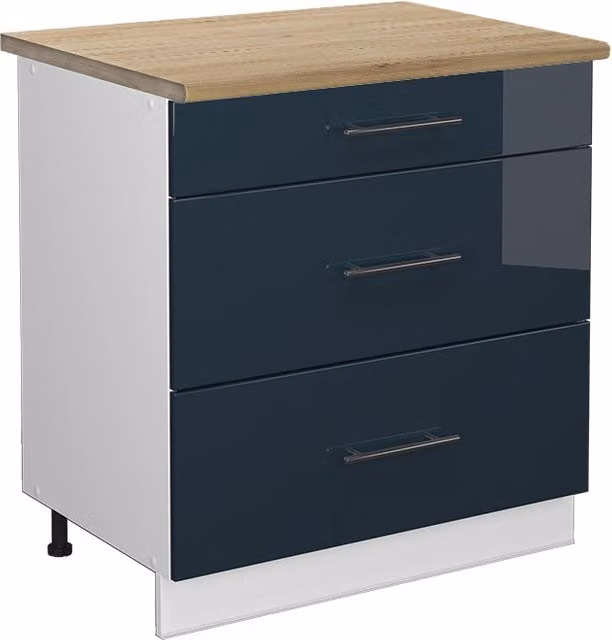 Mobiletto base per cucina Fame-Line Blu scuro lucido/Bianco 80 cm con 3 cassetti, PL Rovere Vicco