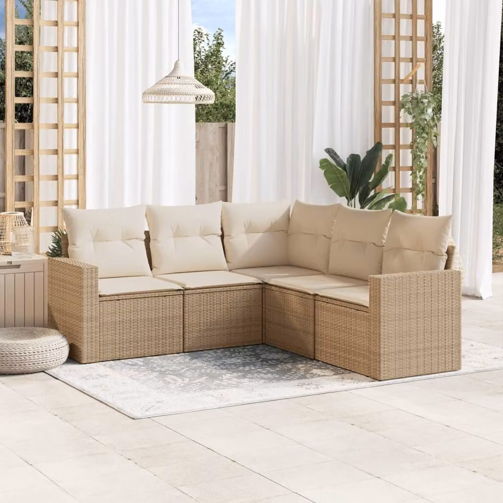 vidaXL Set Divano da Giardino a L 5 pz con Cuscini Beige e Struttura in Metallo e Polyrattan