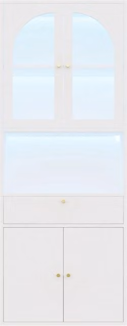 Vetrina libreria con LED RGB regolabile, ante in vetro arcuate, cassetto e vani, per soggiorno e ufficio, bianca