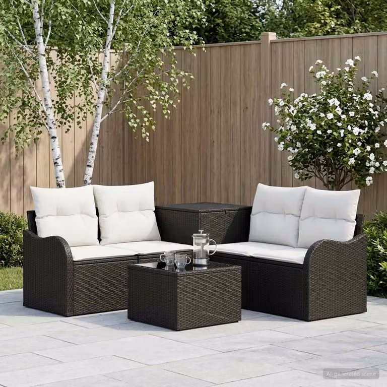 Set di divani da giardino vidaXL a forma di U composto da 6 pezzi con tavolino, colore nero e bianco crema, struttura in acciaio e cuscini inclusi