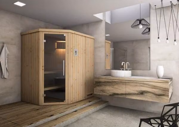Cabina sauna finlandese ad angolo MINI 3 posti 175x144 x H.199 cm MDLT