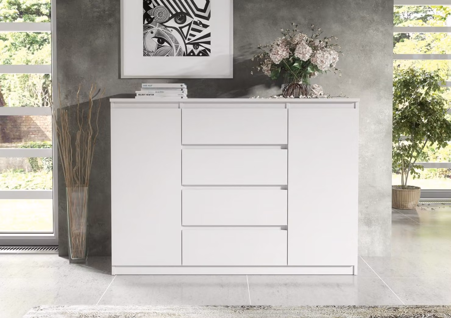 Comodino moderno, 120 cm, con 2 ante e 4 cassetti