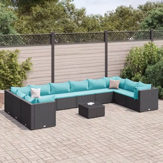 Set da giardino vidaXL a forma di L composto da 11 pezzi con divano angolare, tavolino da caffè e cuscini blu e neri in rattan e metallo