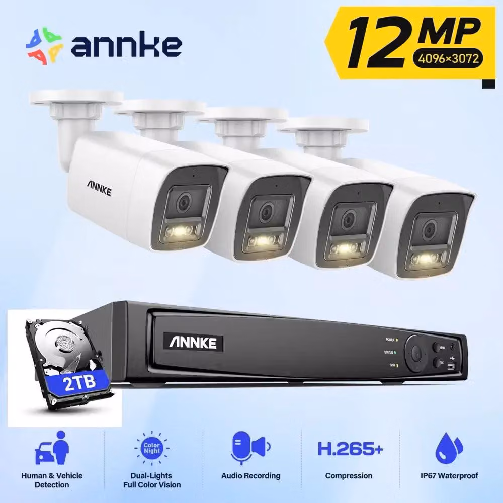 Sistema di videosorveglianza – Registratore NVR a 8 canali e telecamere da 12MP – Visione notturna – Audio – Resistente agli agenti atmosferici