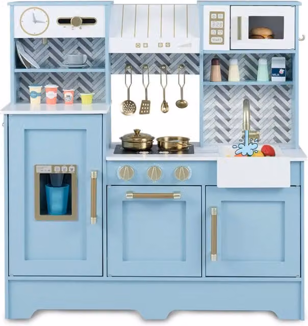 Cucina giocattolo in legno per bambini con lavello e piano cottura, stile moderno, colore blu, L: 84 cm, P: 30 cm, H: 90 cm