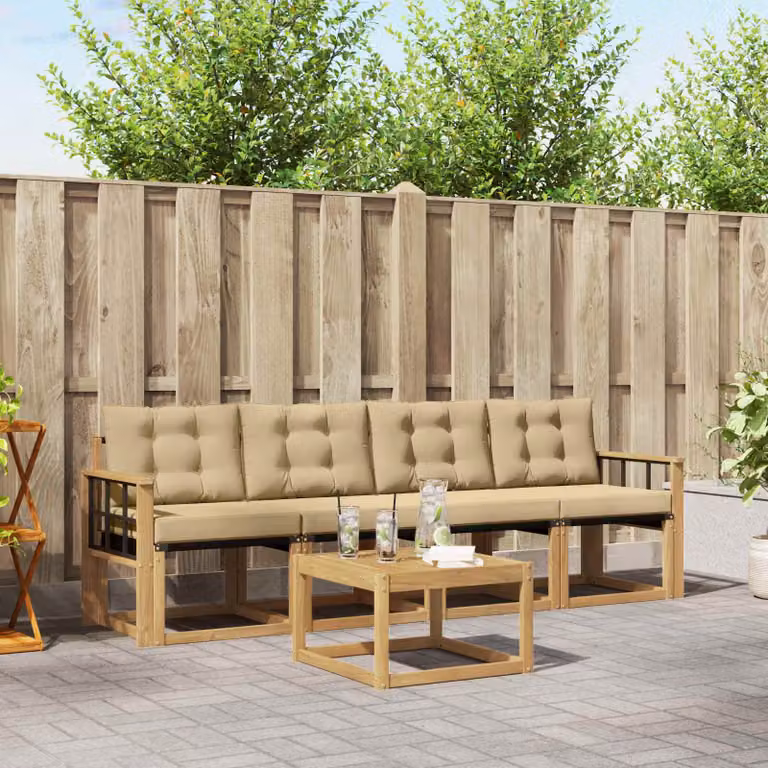 Set di divani da esterno vidaXL 5 pezzi in legno di acacia con tavolino e cuscini, Bianco e Beige