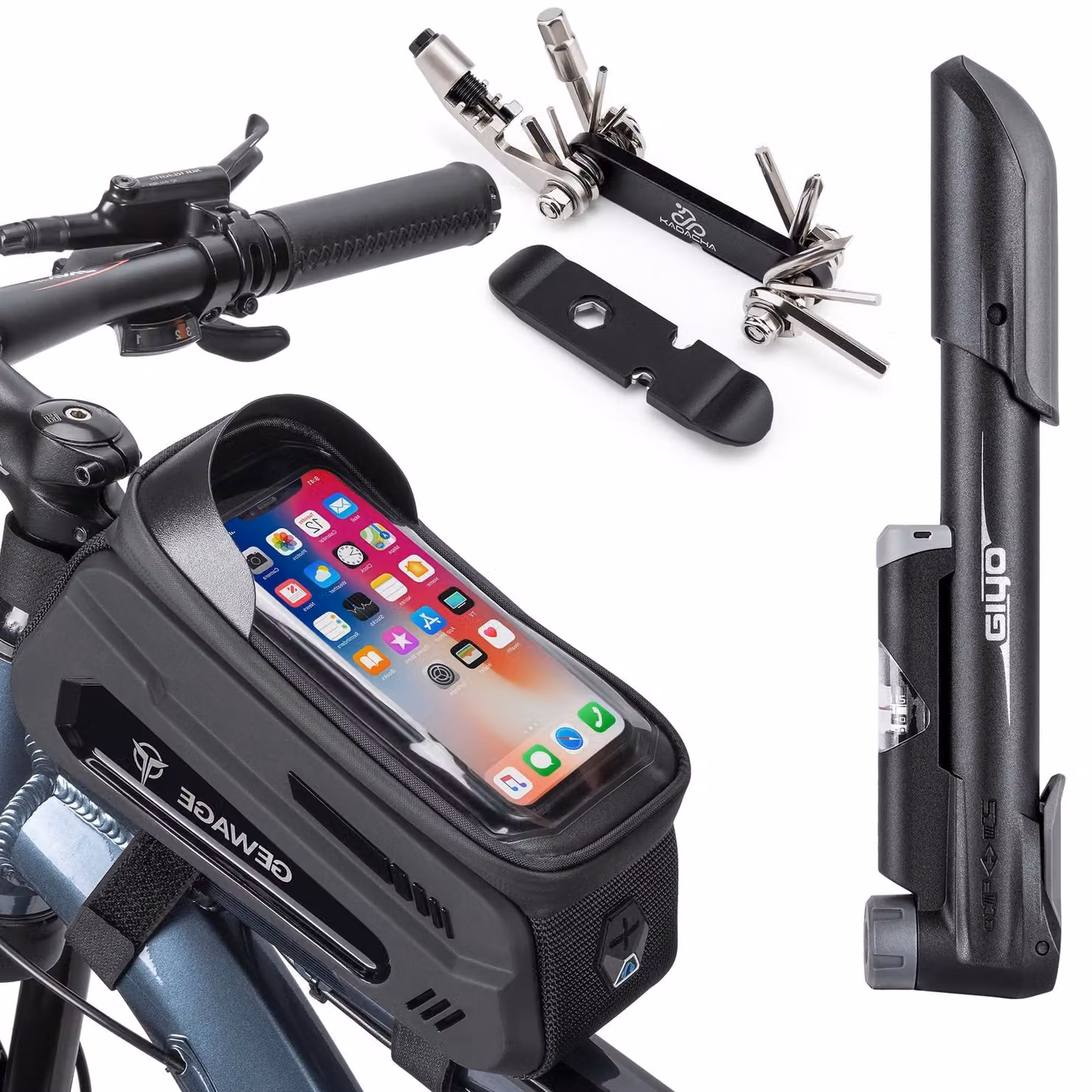 Kit di attrezzi per bicicletta con multiasse e custodia per smartphone