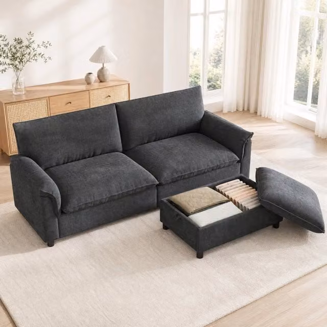 Divano modulare con pouf contenitore e funzione letto; 216x77x82 cm; ciniglia grigia