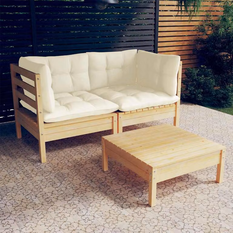 Set Salotto da Giardino vidaXL 3 pz in Legno di Pino con Cuscini Beige e Bianco, Design Moderno a L con Elemento Angolare e Ottoman