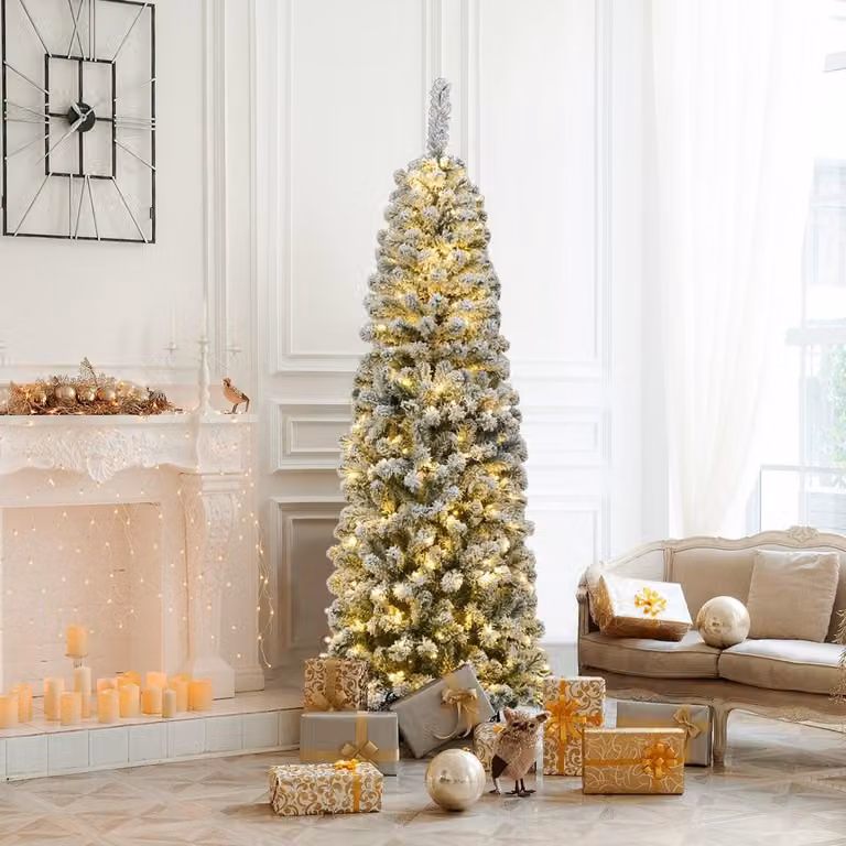 Albero di Natale a forma di matita da 180 cm con neve e luci a LED