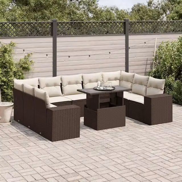 Set Divani da Giardino 10pz con Cuscini in Polyrattan Marrone 3269373