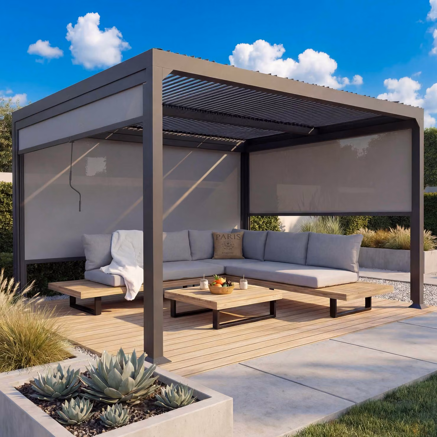 Pergola in alluminio MCW-L41 con 3 pareti laterali, gazebo a lamelle, robusto telaio in metallo da 8 cm 3x3,7 m ~ antracite