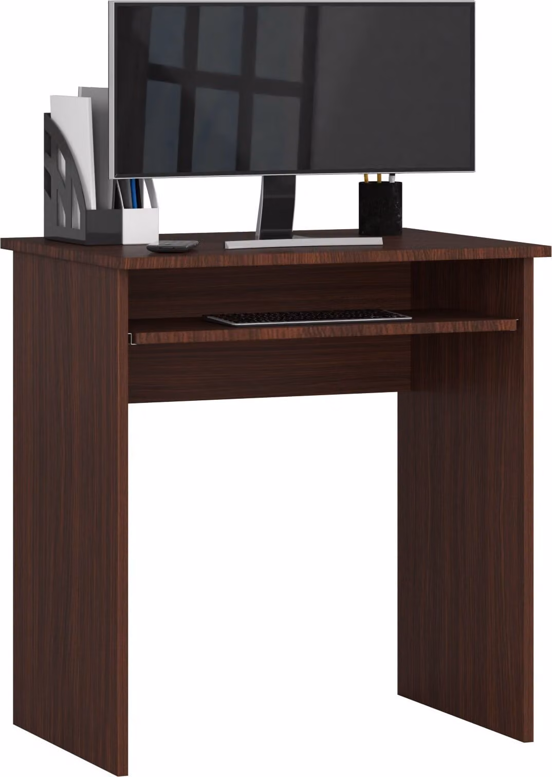 Scrivania autonoma modello Polynna, finitura wenge, con piano compatto e cassetto estraibile per tastiera