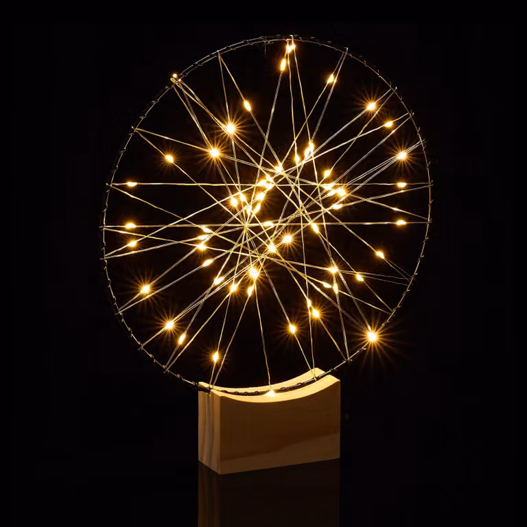 Lampada decorativa a LED, diametro 25 cm, color argento, con base in legno, alimentata a batteria