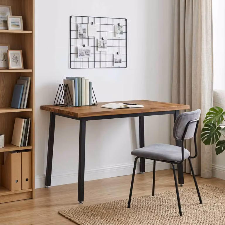 Tavolo da pranzo moderno vidaXL in legno di acacia massello con bordo naturale e struttura in metallo, L/P/H: 120 x 70 x 75 cm, Naturale e Nero