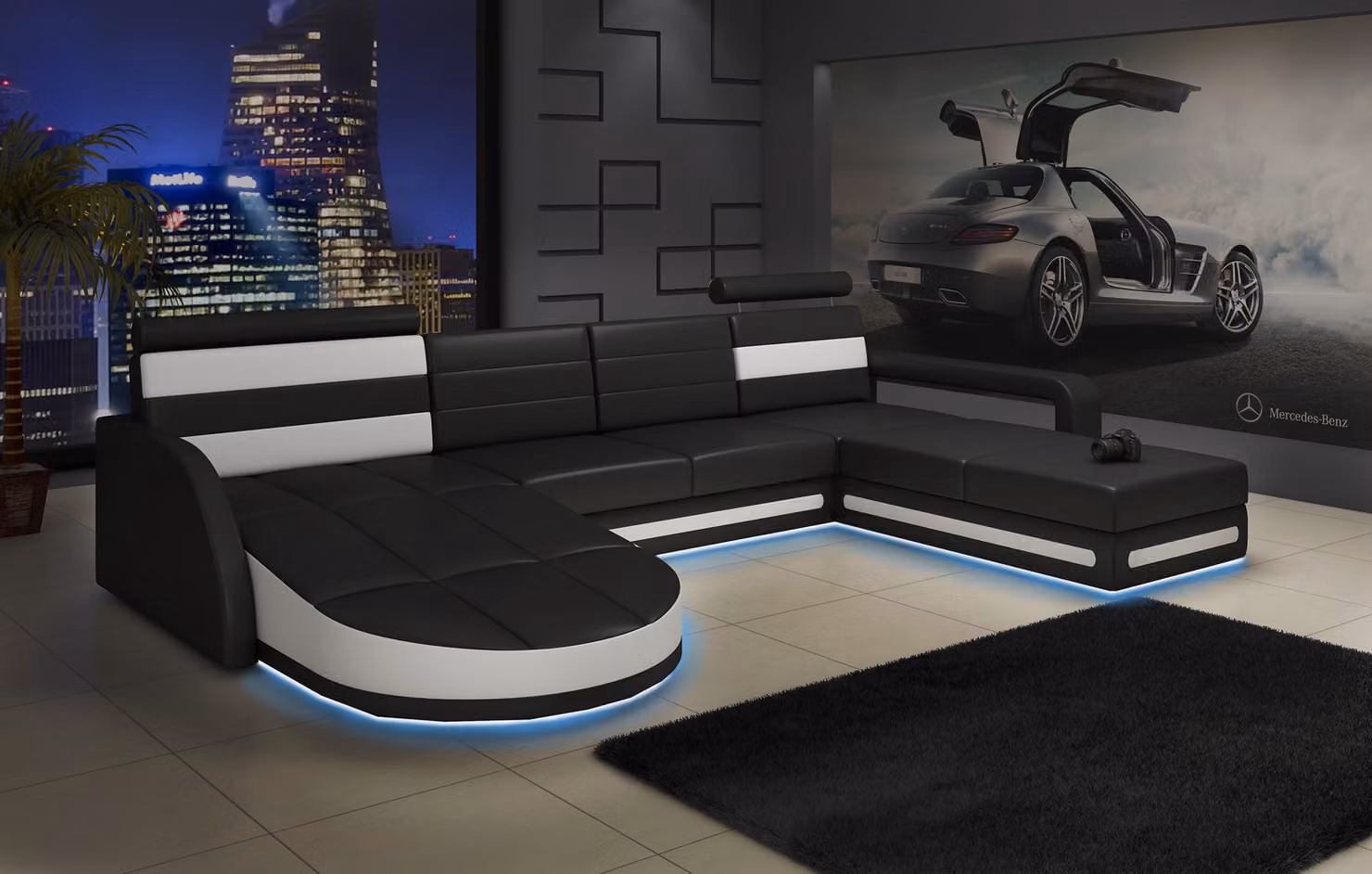 XXL WOHNLANDSCHAFT COUCH GARNITUR DESIGN ECKCOUCH Schwarz LEDERSOFA mit USB