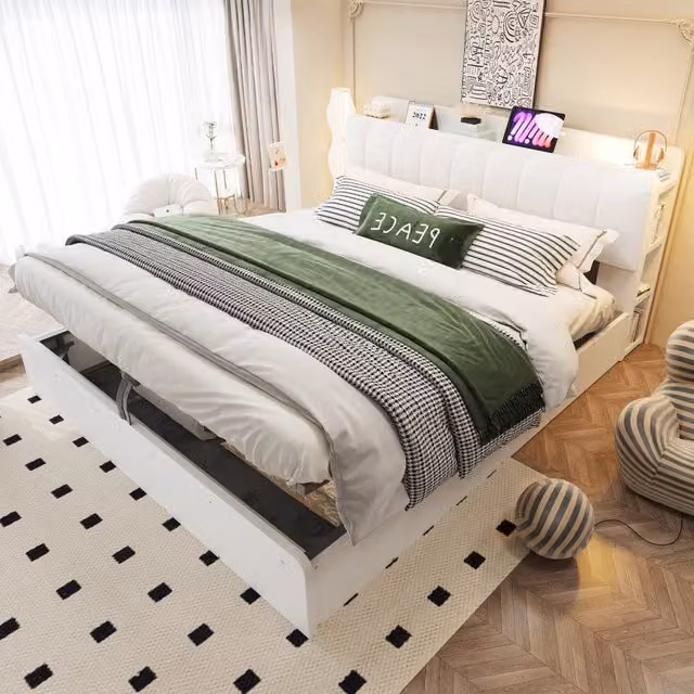 Letto Matrimoniale in Legno 180x200 cm con Contenitore Idraulico; Testiera Imbottita in Velluto; Mensole; USB e Luce Notturna; Bianco