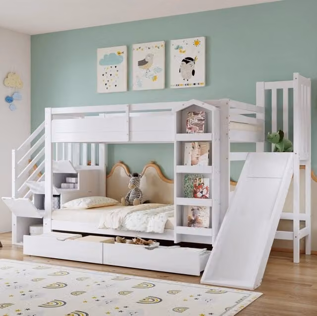 Letto a castello 90x200 cm bianco in legno e MDF con scivolo e 2 cassetti