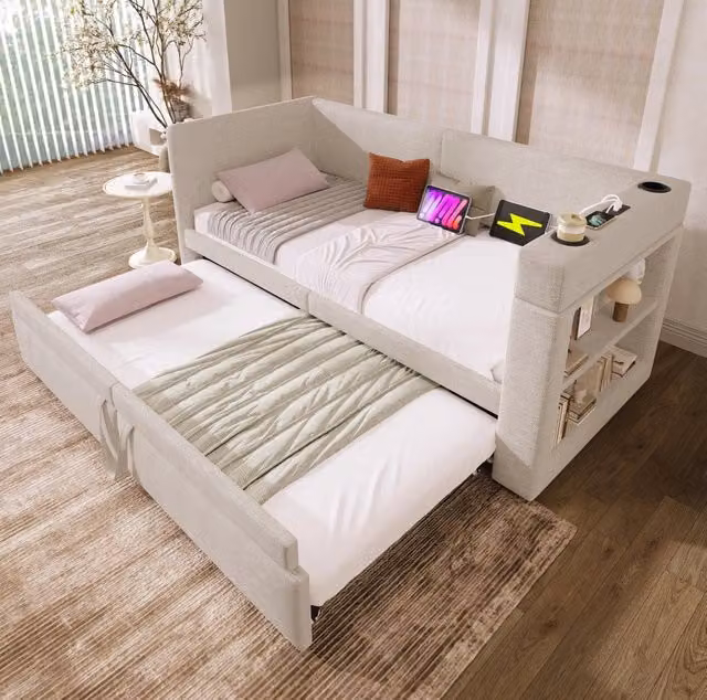 Daybed imbottito 90x200 cm con letto estraibile, braccioli con porte USB e Type-C, tessuto misto lino beige, senza materasso