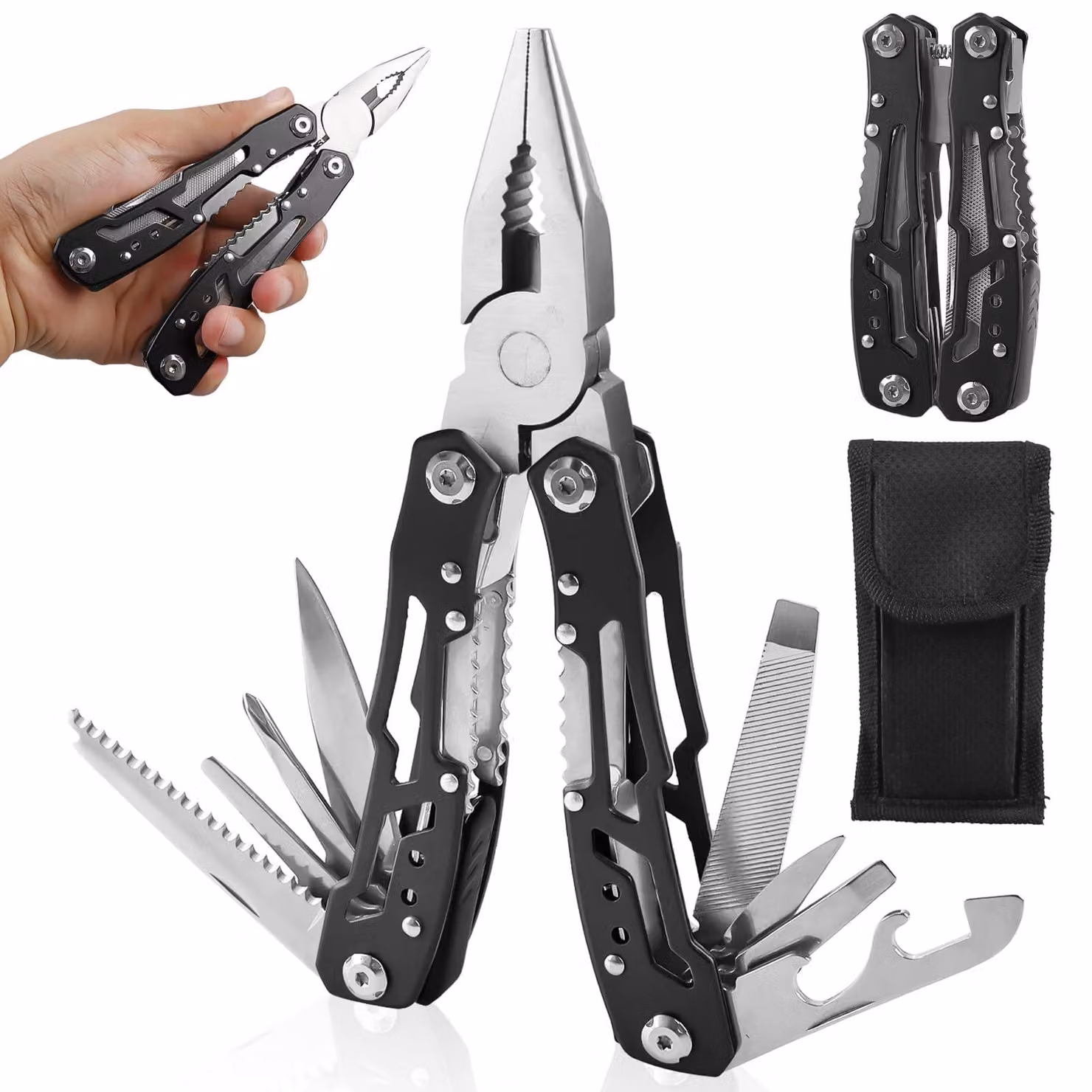 Multitool in acciaio inossidabile, multifunzionale, compatto, confezione singola, per uomo