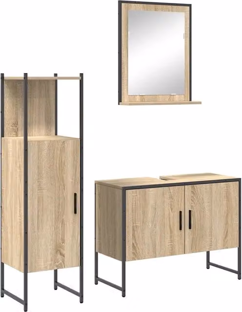 Set di mobili per il Bagno | Armadio da bagno 3 pz Marrone Legno multistrato