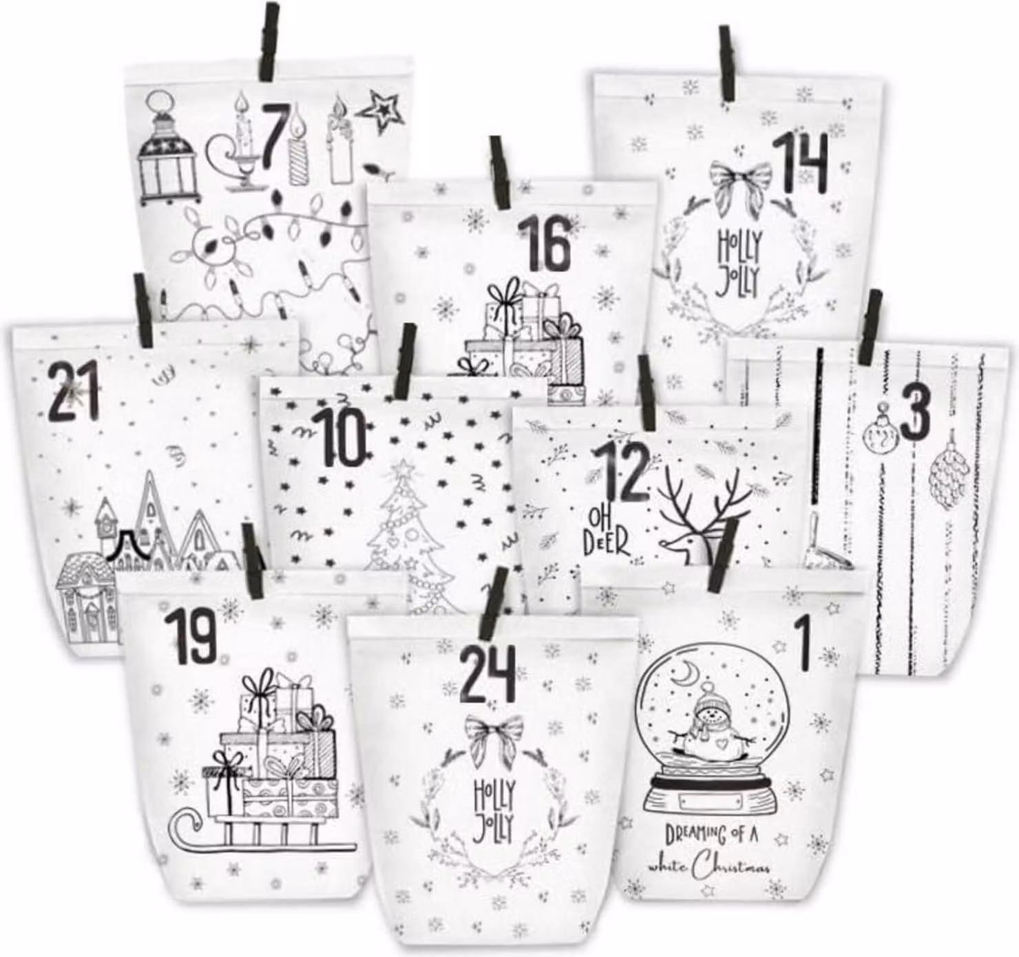 Calendario dell'Avvento da riempire con 24 motivi natalizi, set di sacchetti di carta