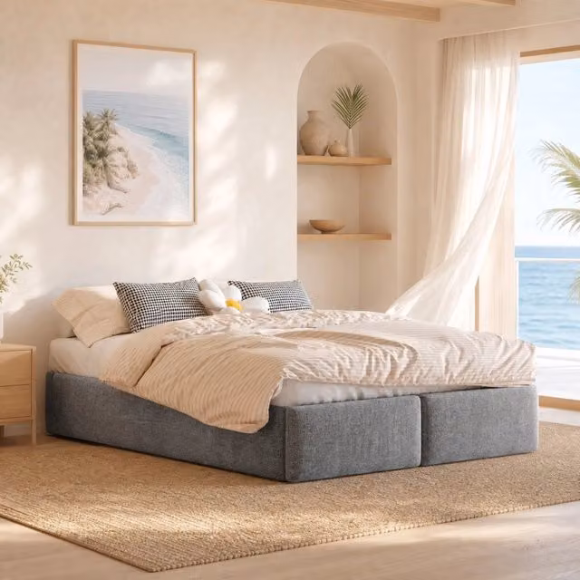 Letto imbottito 140x200 cm senza testiera con contenitore idraulico e 2 cassetti, grigio