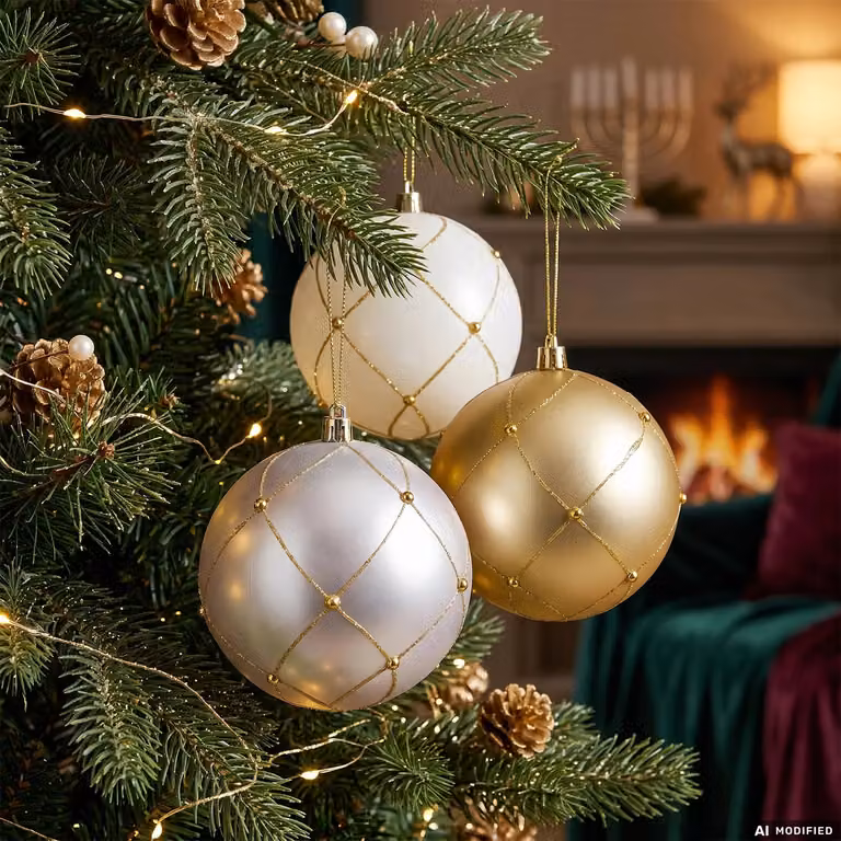Set di 6 palline di Natale VESTIAMO CASA oro e bianco, decorazioni infrangibili con design geometrico, diametro: 8 cm