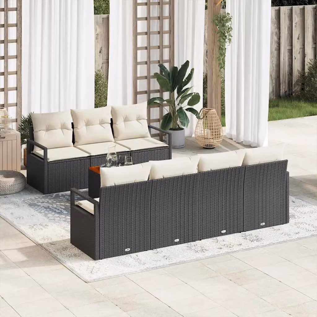 Set Divano da Giardino vidaXL 8 Pezzi a Forma di L con Cuscini Nero e Tavolino da Esterno in Polyrattan e Acciaio Verniciato a Polvere – 1