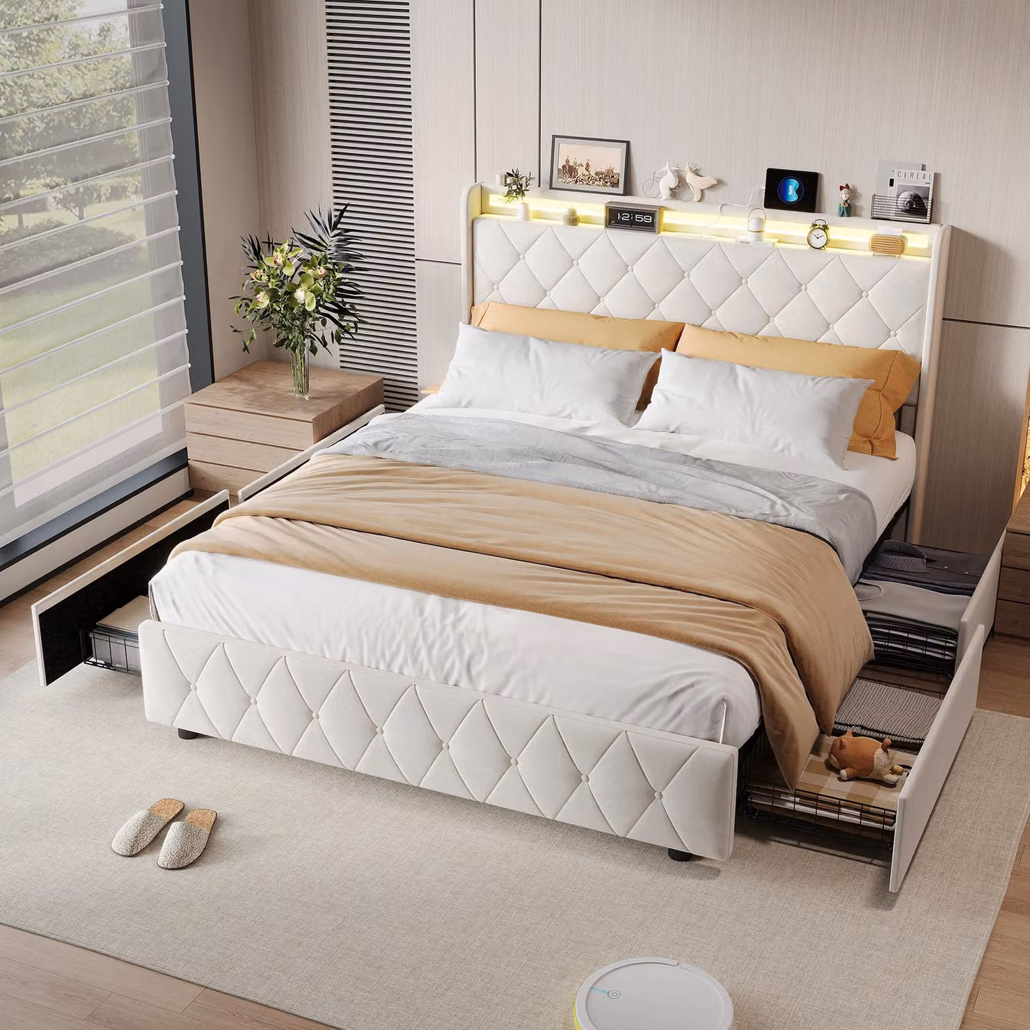 UnboxG Letto 140x200 cm con 4 cassetti e USB – Letto contenitore Letto imbottito in velluto beige, testiera LED, letto matrimoniale