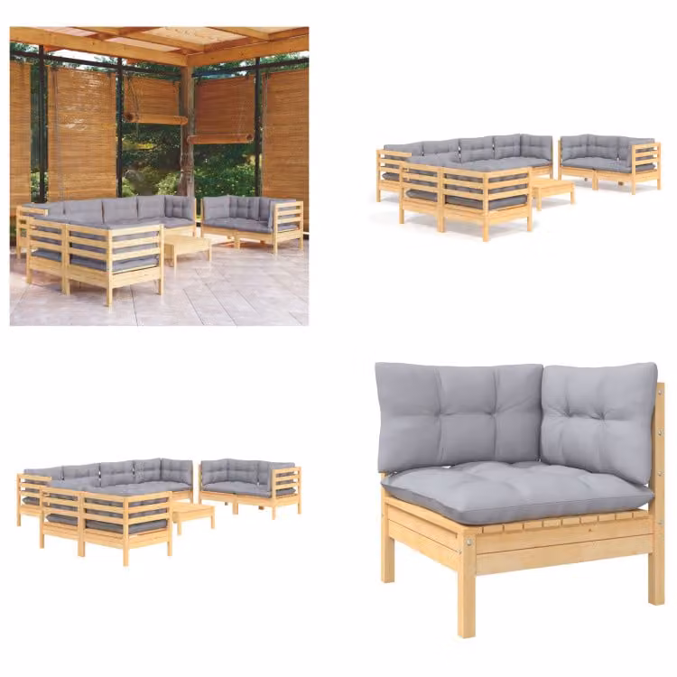 vidaXL Set salotto da giardino 9 pezzi con cuscini grigi in pino massiccio - Set salotto da giardino - Set salotto da giardino - Set mobili da giardino - Set mobili da giardino