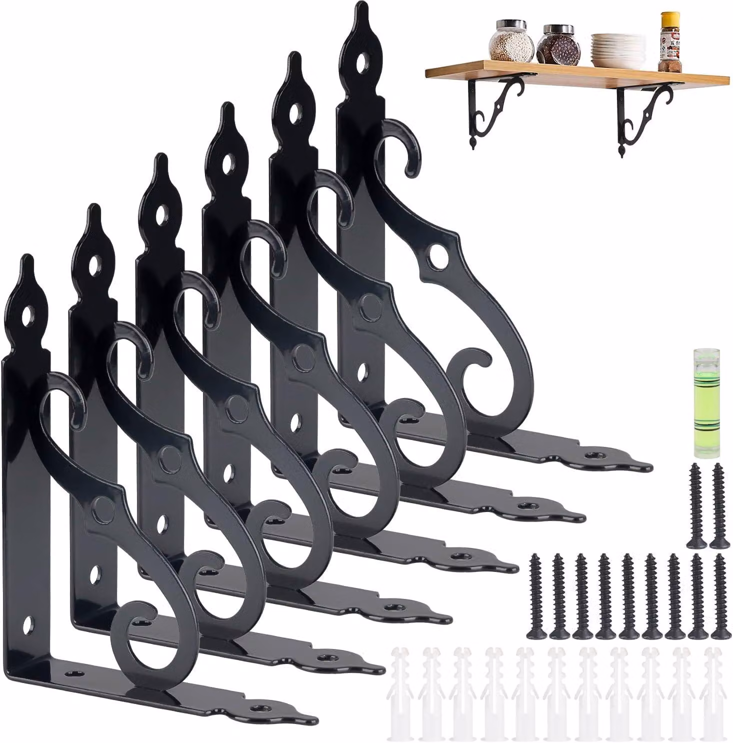Set di 6 supporti a parete in metallo, colore nero, dimensioni 140 x 110 mm, capacità di carico fino a 40 kg, adatti per la cucina