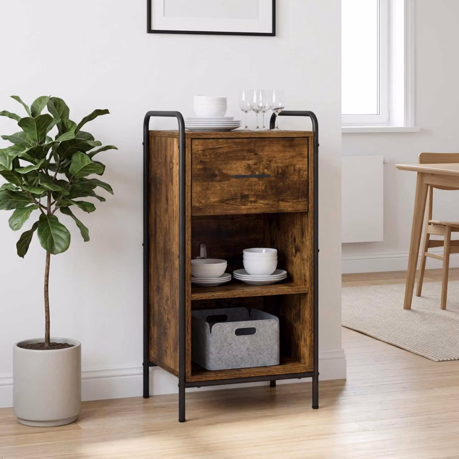 Credenza moderna vidaXL in legno ingegnerizzato e metallo, colore rovere fumo, L: 97 cm, P: 33 cm, H: 81 cm