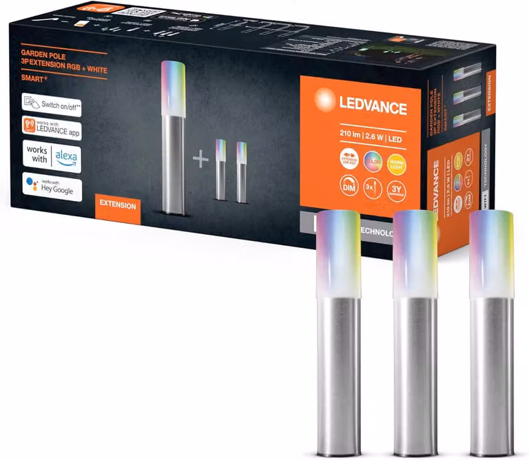 LEDVANCE Luce da giardino a LED intelligente con tecnologia WiFi, confezione di estensione con 3 pali da giardino a LED per esterni, colori RGB modificabili, compatibile con il controllo vocale di Google e Alexa, POLO DA GIARDINO SMART+ WIFI