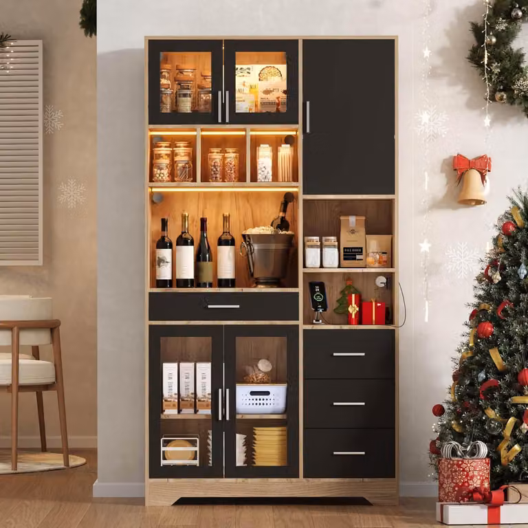 Armadio alto da cucina, modello vetrina, dimensioni 185x100x40 cm, con illuminazione a LED e presa di corrente