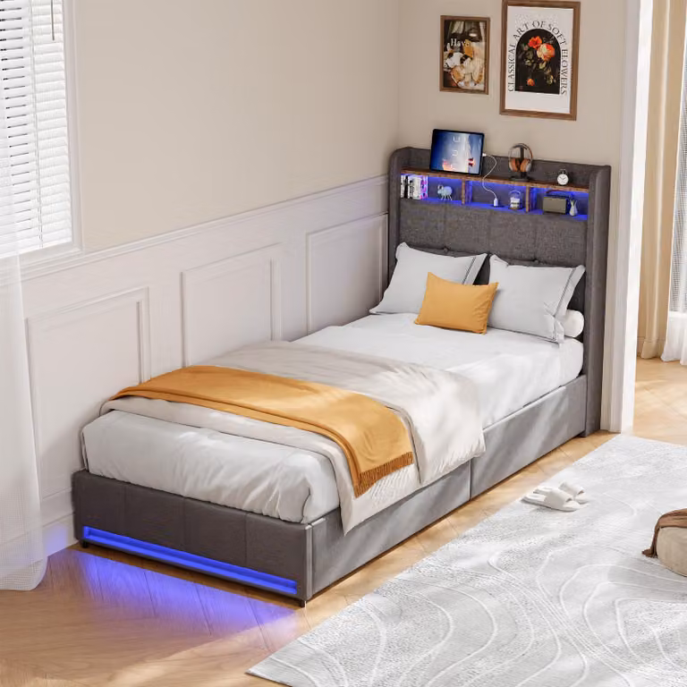 Letto imbottito ProximaX grigio 90×200 cm - Con illuminazione LED, connessione USB e Type-C e 4 cassetti sotto il letto - Pratico e confortevole