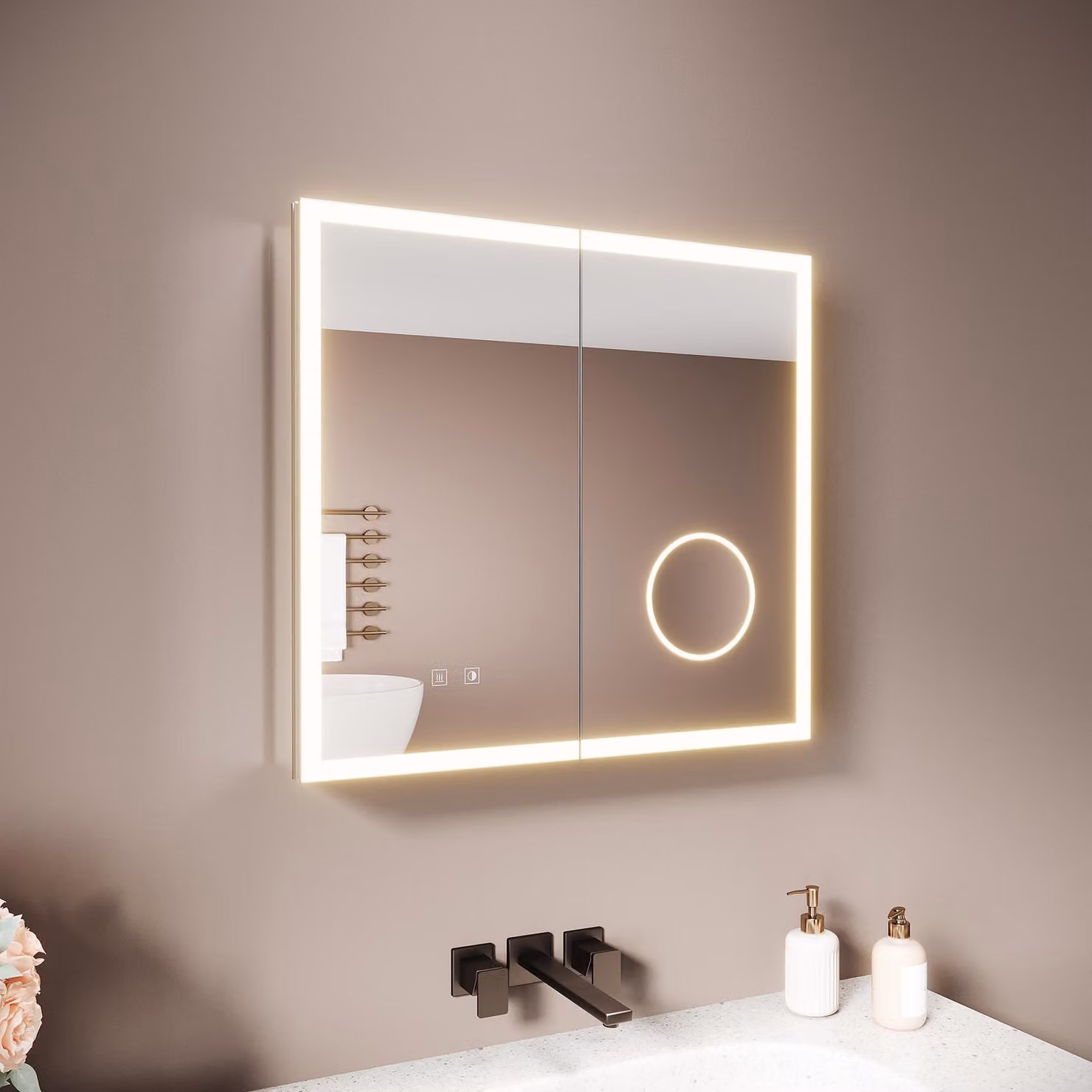 Armadio a specchio Sonni in alluminio con doppia anta 65 x 60 x 12,5 cm, argento chiaro con specchio ingranditore Funzione di memoria Power-Off