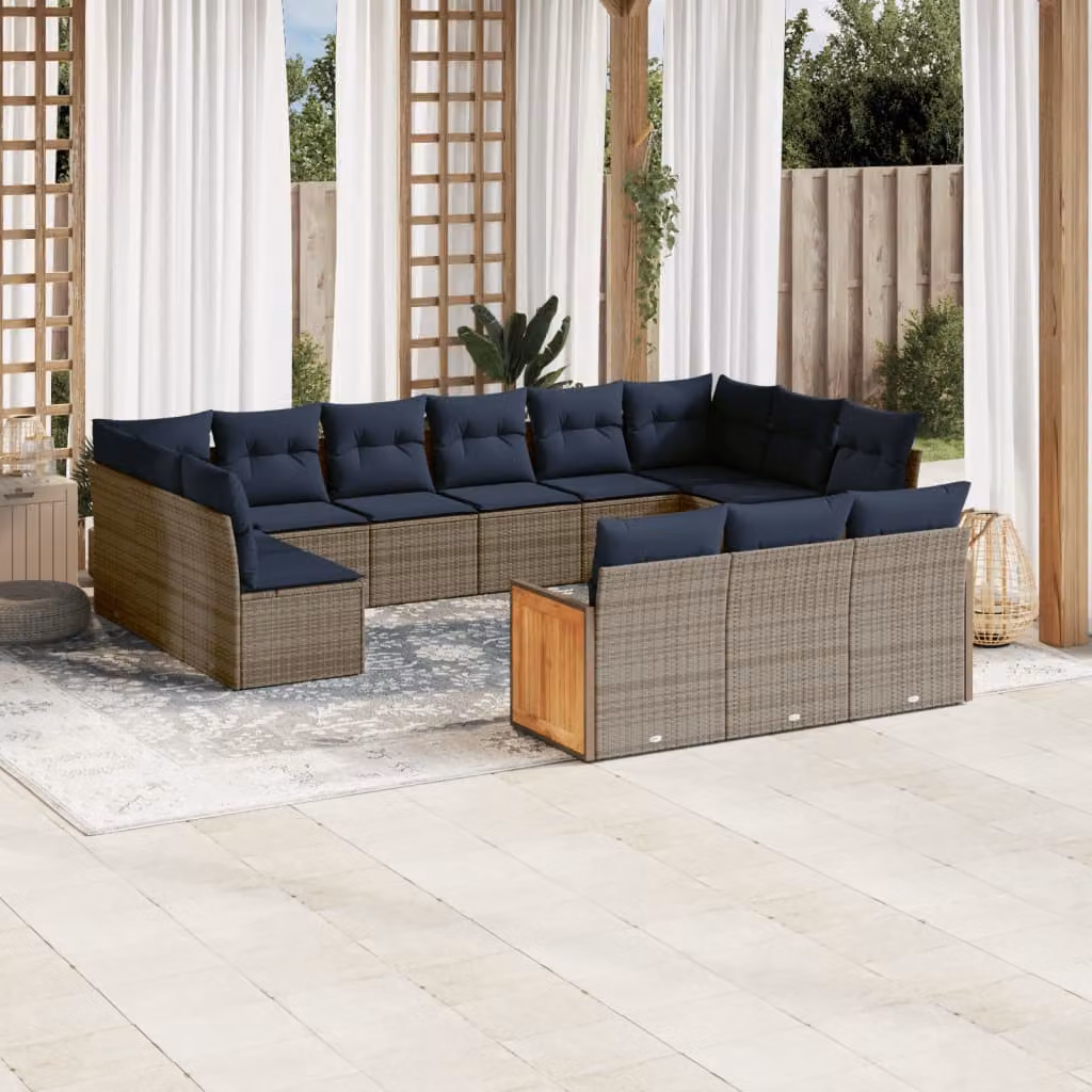 Set Divani da Giardino vidaXL 13 pz a Forma a U in Polyrattan e Legno di Acacia con Cuscini Blu e Grigri
