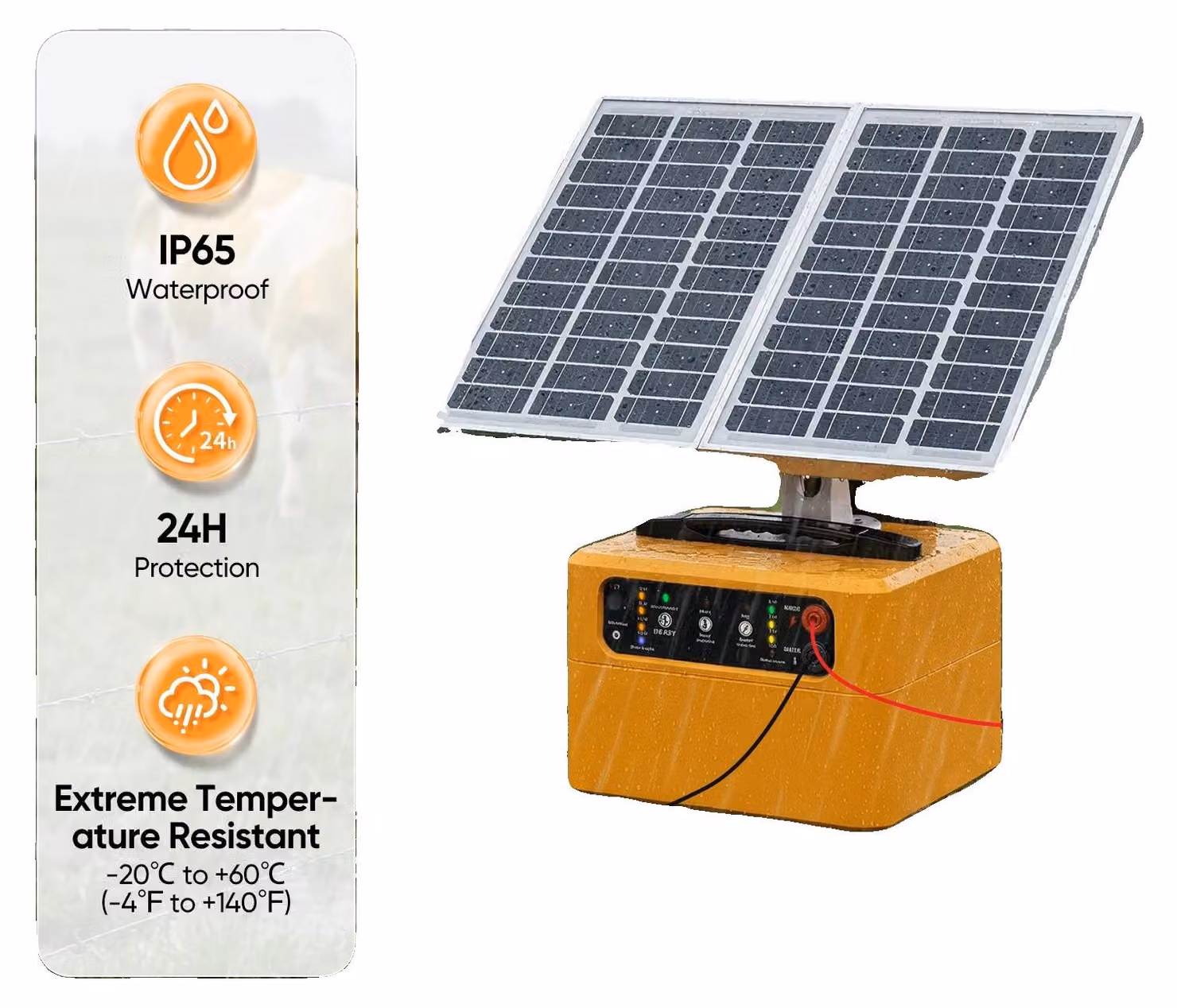 Dispositivo di alimentazione per recinzione elettrica, portata fino a 30 km, pannello solare da 15W, batteria da 12V 7Ah, tensione di uscita regolabile, grado di protezione IP65 (resistente all'acqua)