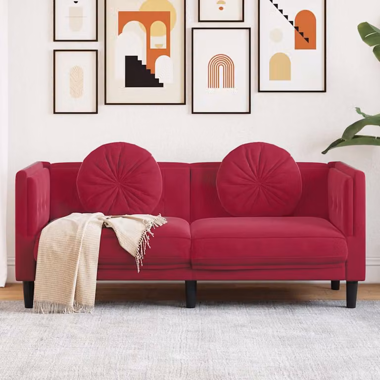 vidaXL Divano a 2 posti moderno in velluto rosso con cuscini, L: 173.5 cm, P: 70.0 cm, H: 77.0 cm