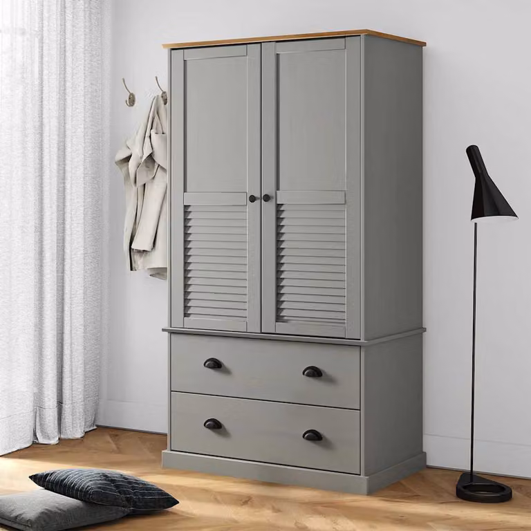 Armadio VIGO vidaXL in legno massello di pino con cassetti integrati e ante a battente, Grigio, L: 90 cm, P: 55 cm, H: 170 cm