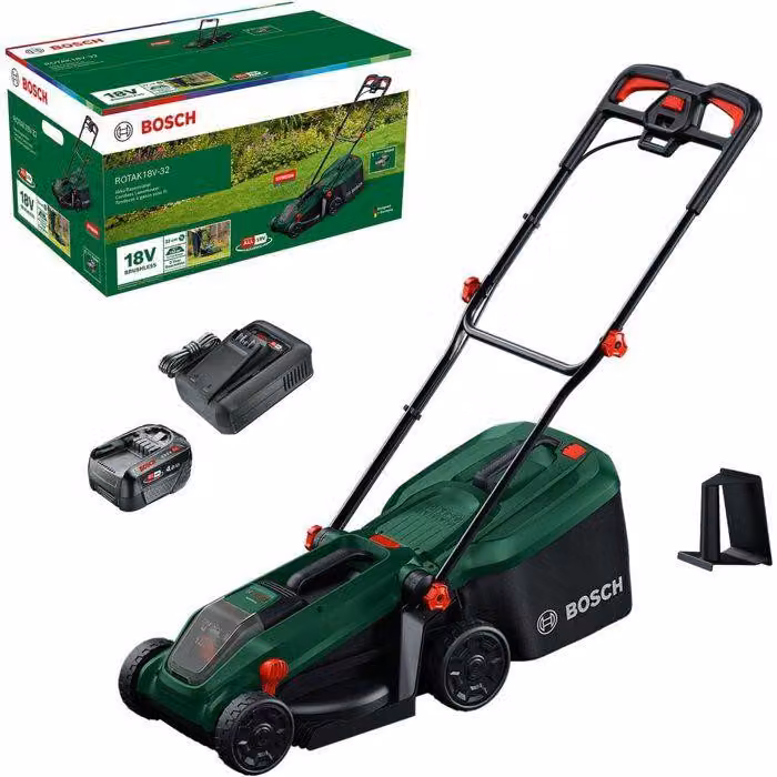 Tosaerba a batteria Bosch Rotak 18V-32, larghezza di taglio: 32 cm, cesto di raccolta da 35 L, funzione mulching, batteria e caricabatterie inclusi