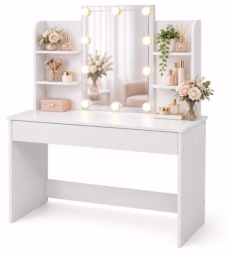 Tavolino da trucco Relaxdays con specchio stile Hollywood, illuminazione integrata, cassetto, dimensioni: 140 x 108 x 40 cm, tavolo da trucco, bianco