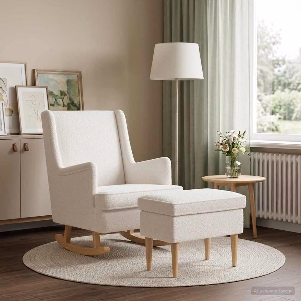 Set di Poltrona con Ottomano vidaXL in Tessuto Bouclé Beige e Bianco per Soggiorno e Camera da Letto