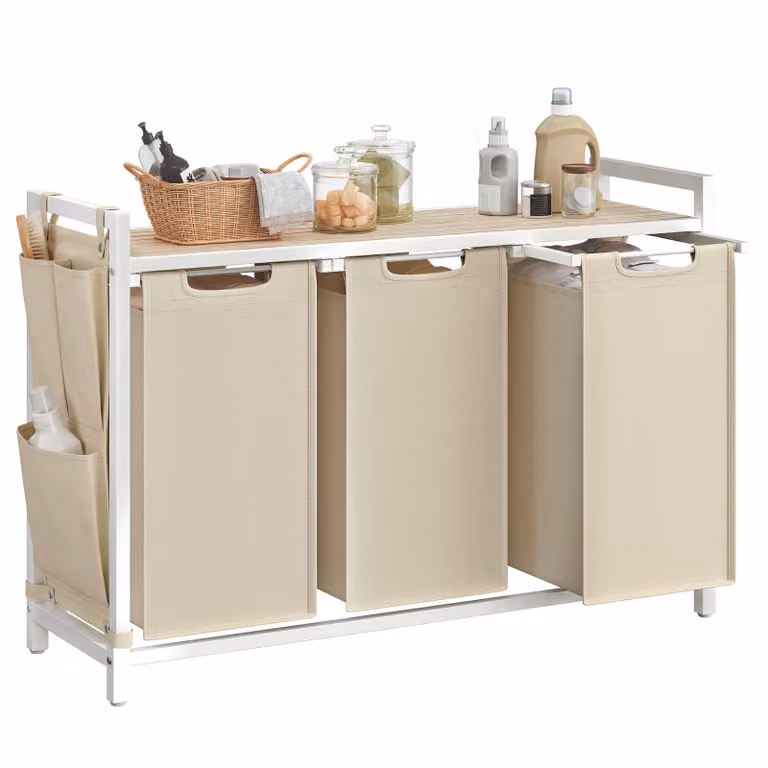 Cesto Portabiancheria con Piano Portaoggetti e Sacco Rimovibile, Beige Chiaro / 3 x 40 L