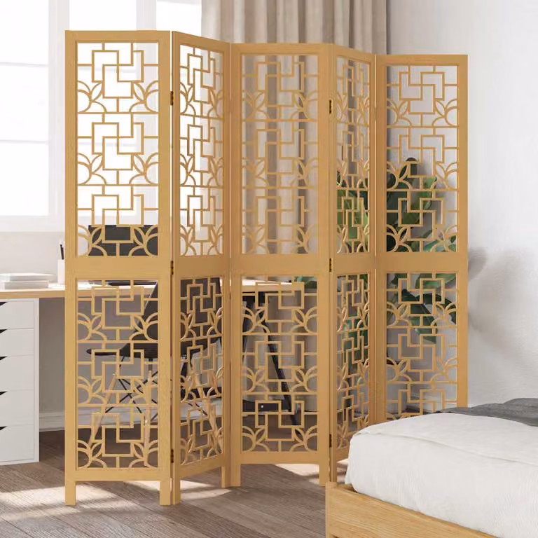 Divisorio Ambienti vidaXL con 5 Pannelli in Legno Massello di Paulownia Marrone e Beige con Design Geometrico Orientale H: 180 cm