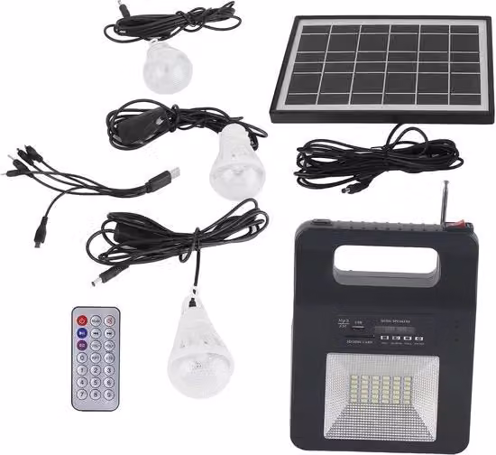 Centrale Elettrica Portatile con Pannello Solare, Generatore con Batteria, Altoparlante FM e Caricabatteria USB, Colore Nero