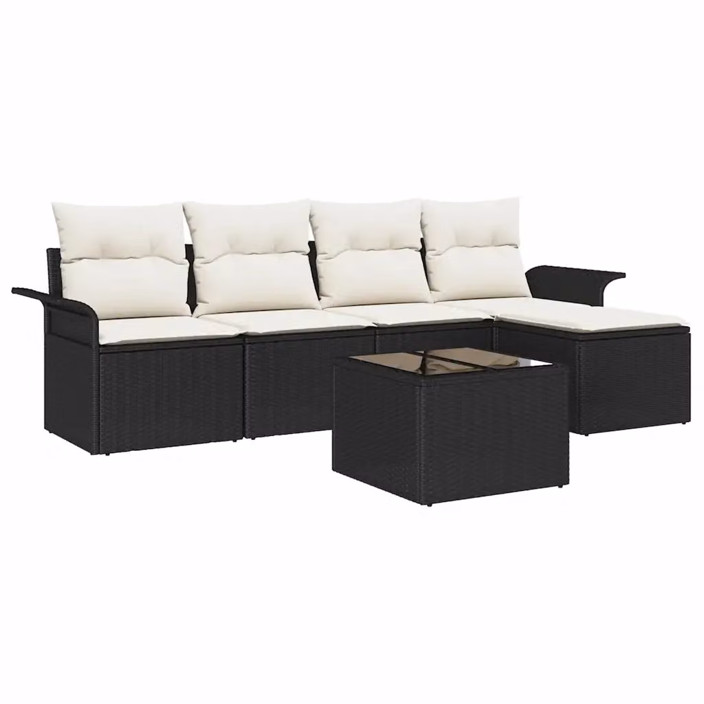 Set da giardino vidaXL composto da 6 pezzi in polyrattan nero con cuscini e pouf per esterno – 2